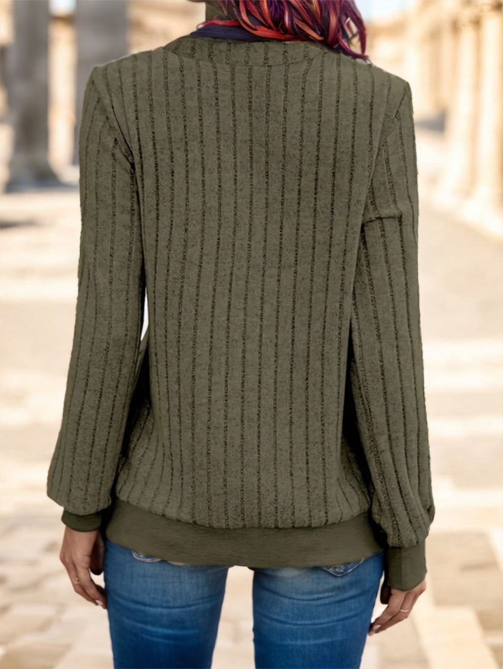 Casual V-Neck Knit Fabric Long Sleeve T-Shirt For Women In Solid Colo