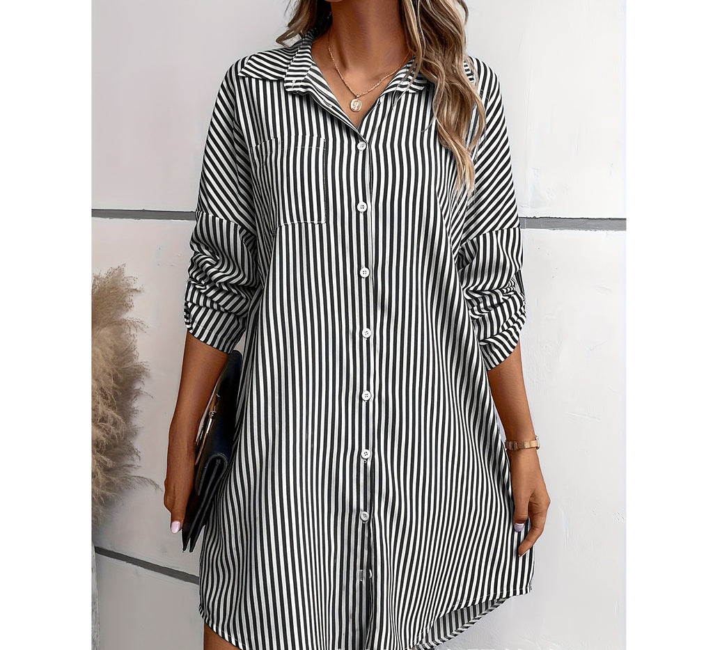 Striped Pockets Loose Commuter Shirt Dress