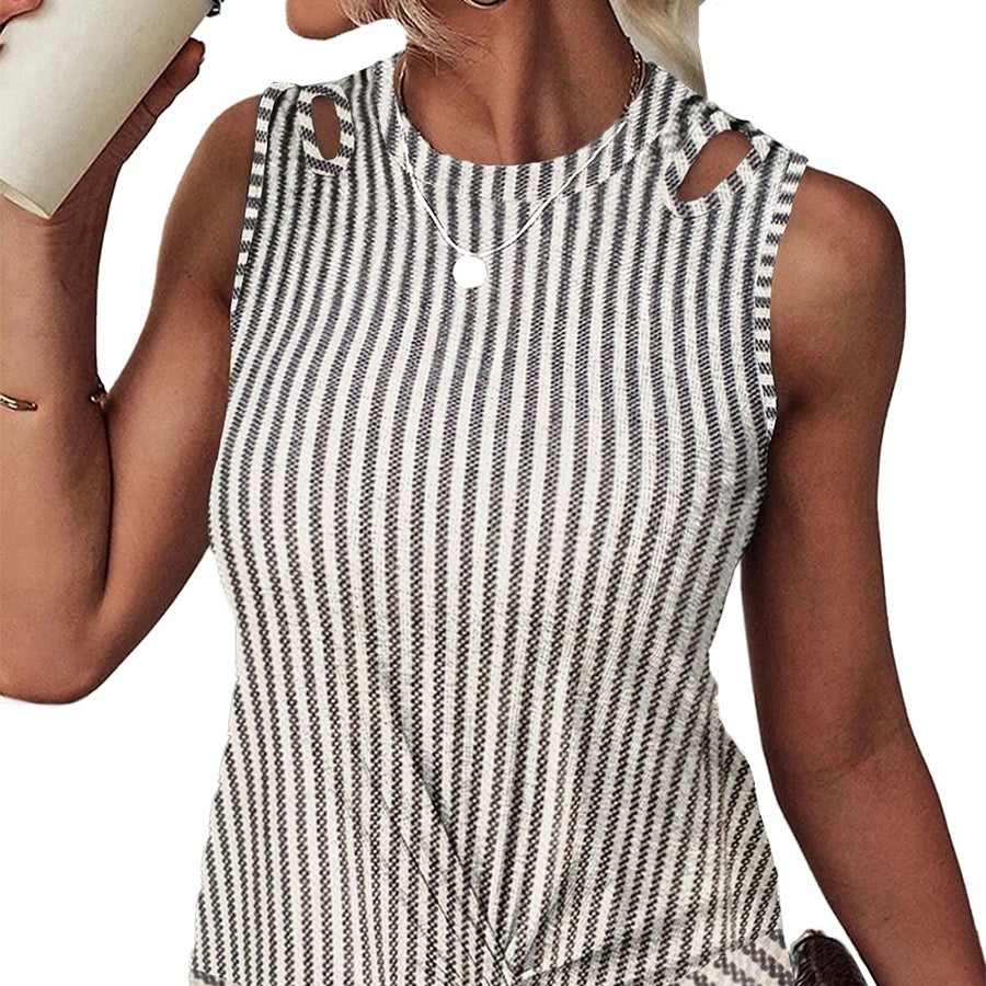 Women's Round Neck Sleeveless Hollow-out Striped Printed Vest