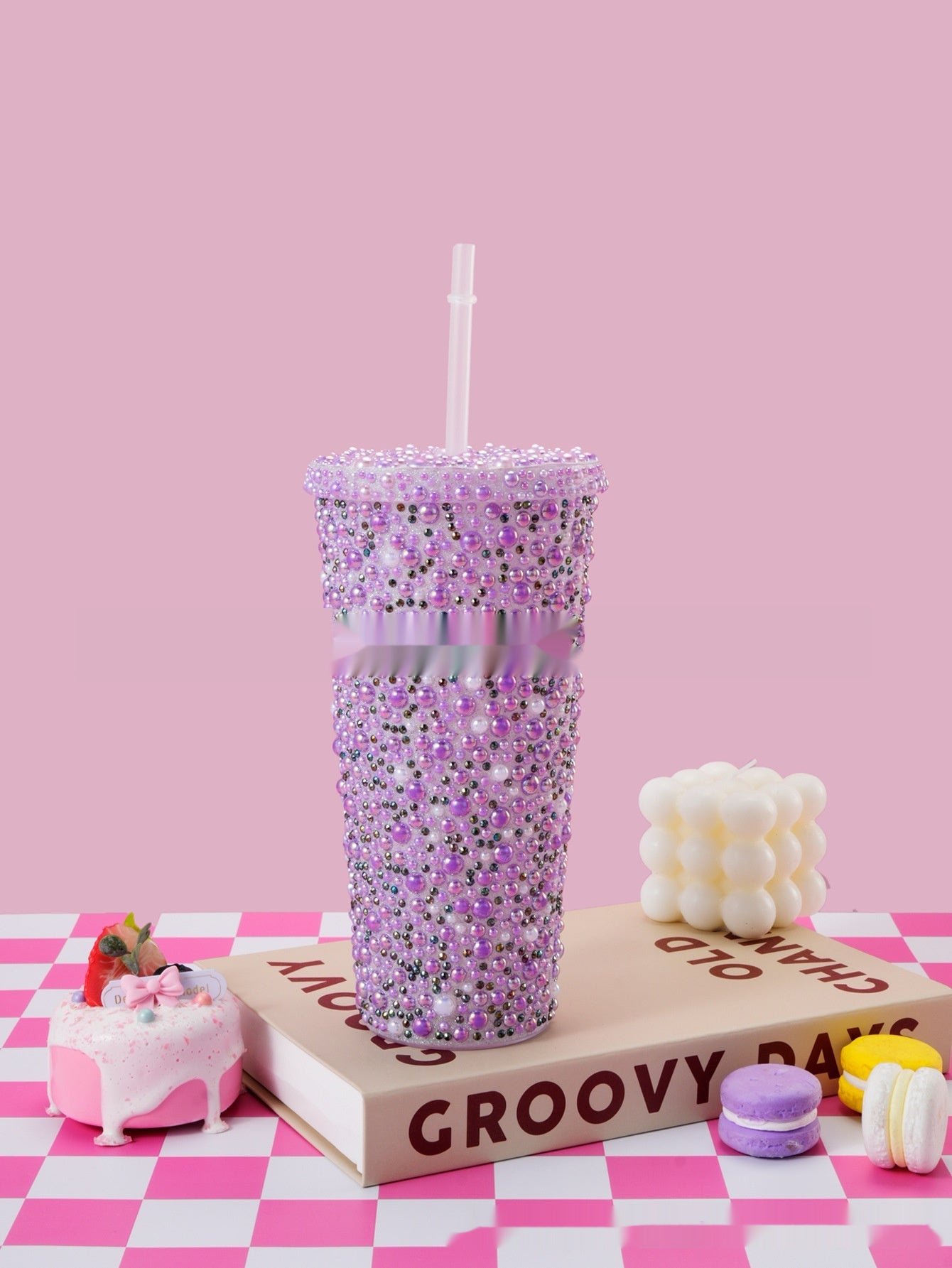 Stick-on Crystals Double-layer Large Capacity Cup With Straw