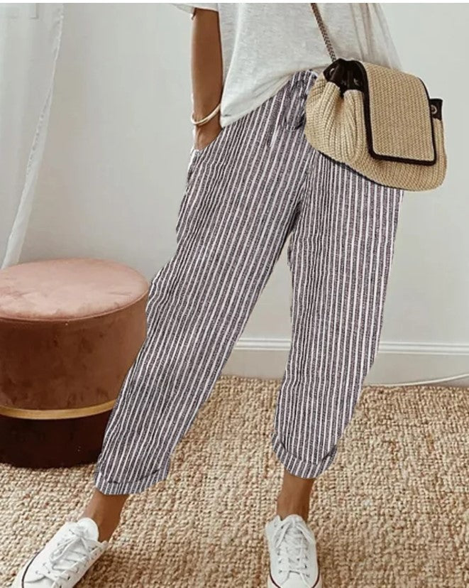 Summer Stripes Casual Pants Loose Elastic Waist Women