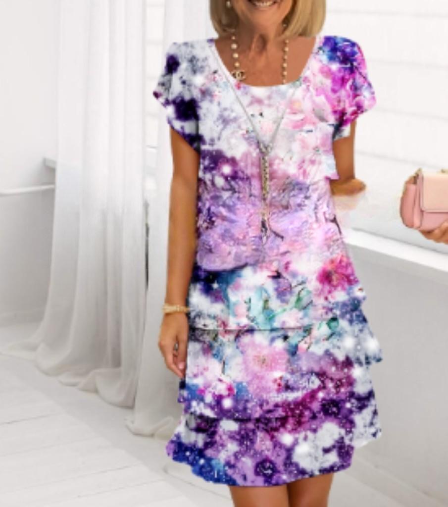 Women's Short-sleeved Round Neck 3D Printed Chiffon Dress