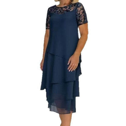 Lace Stitching 34 Sleeve Mid-length Knee-length Chiffon