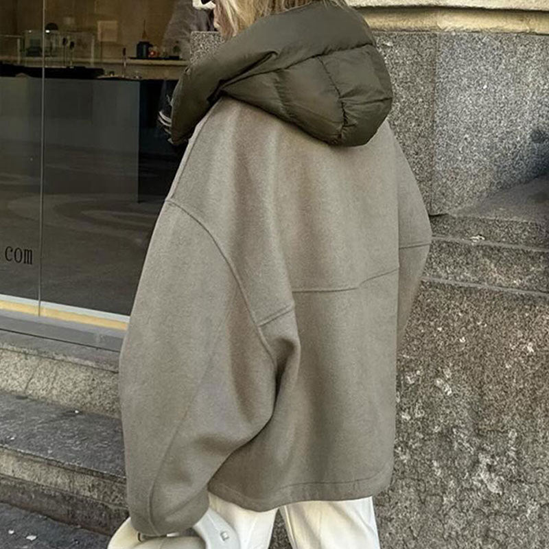 Women's Casual Detachable Hat Round Neck Double-sided Stitching Jacket