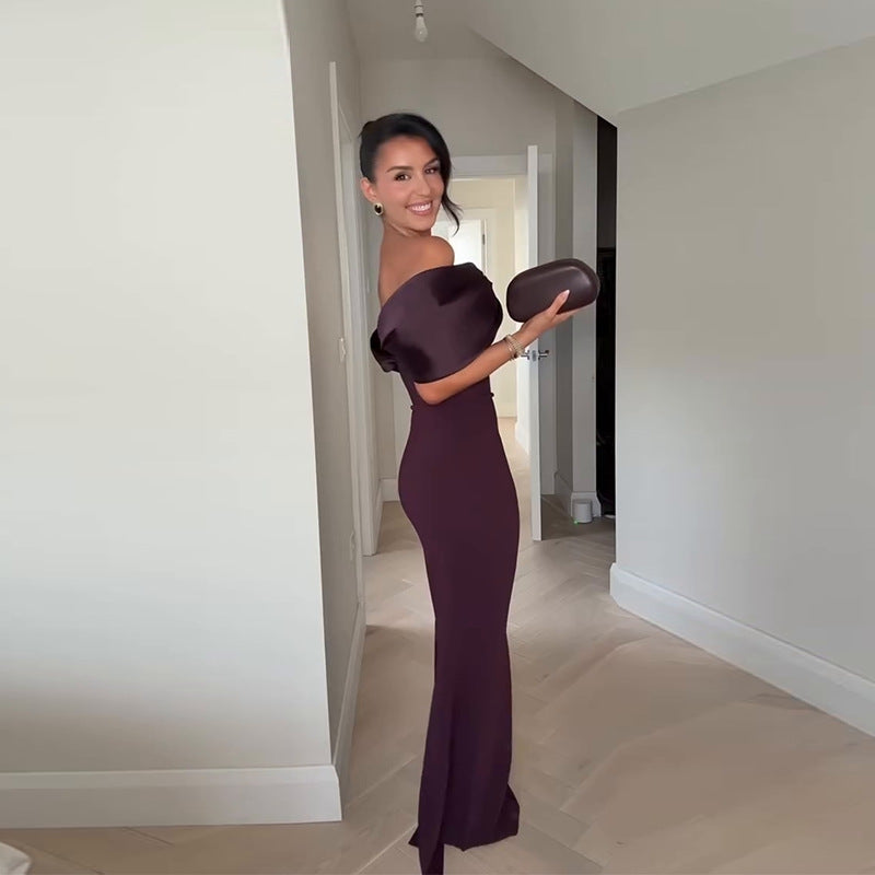 V-neck Slim-fit Waist Sheath Split Off-the-shoulder Dress