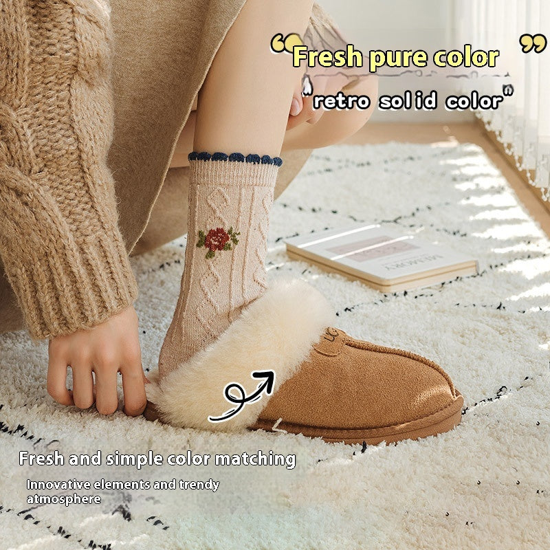 Vintage Small Flower Wool Socks Fleece Lined Padded Warm Keeping Tube Socks