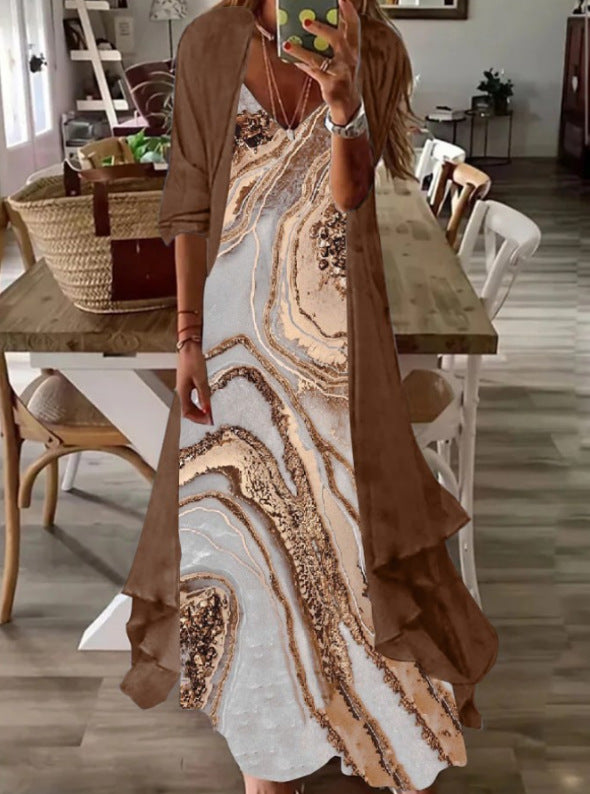 Two Piece Set Of Half Sleeved Printed Casual Retro Sexy Dress