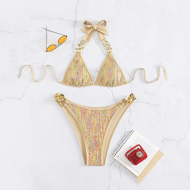 Women's Swimsuit Sequined Lace-up Gold Bikini Swimsuit