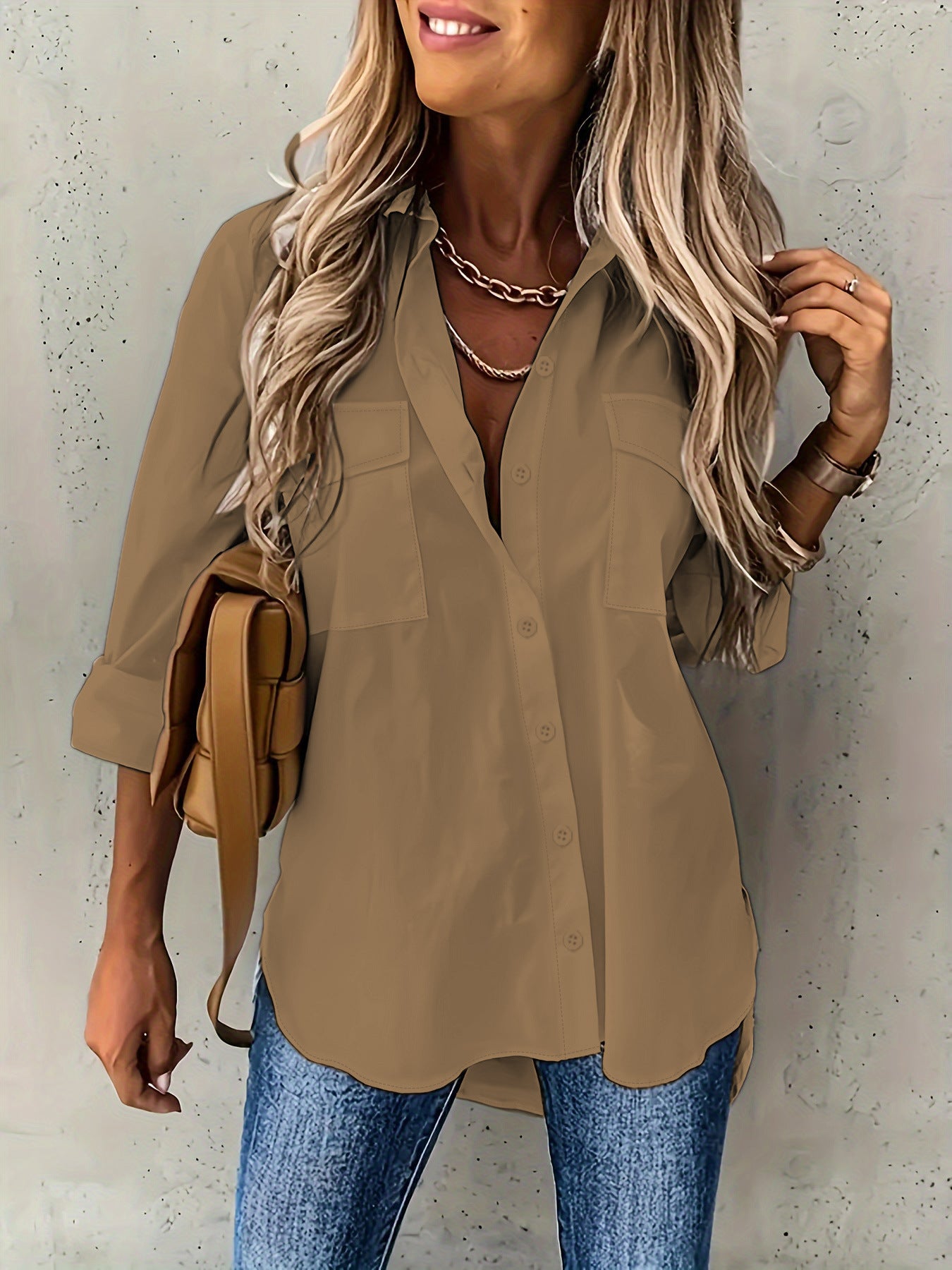 Loose Long Sleeve Lapel Shirt With Pockets Top