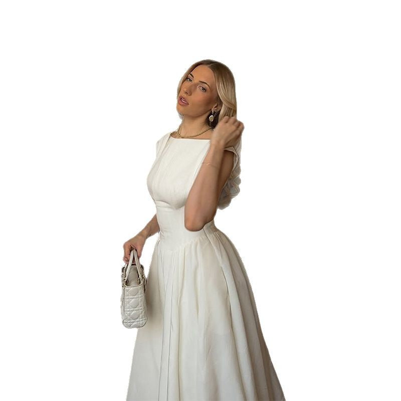 Solid Color Sleeveless Dress Spring New Backless Waist Trimming