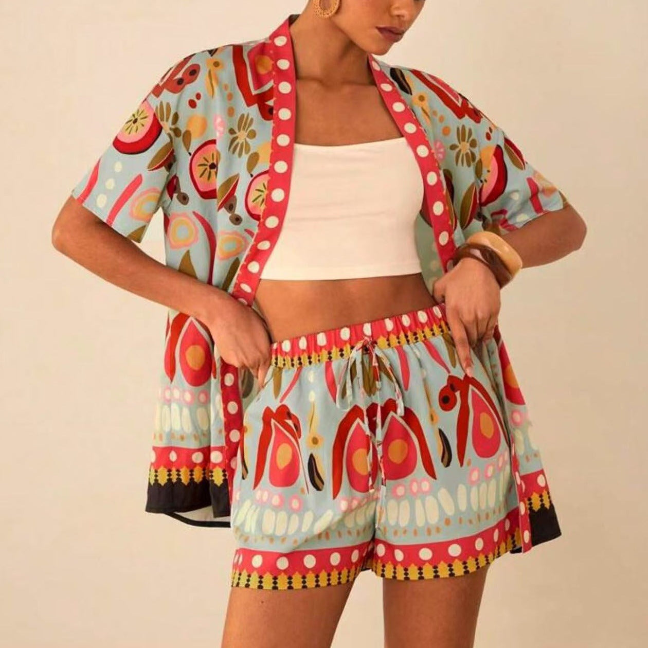 Fashion Casual Printing Cardigan Short Sleeve Shorts Suit