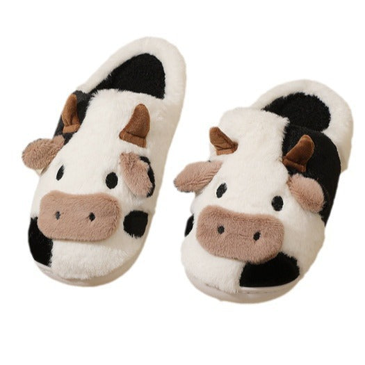 Indoor Home Cartoon Cow Fur Cotton Slippers Female