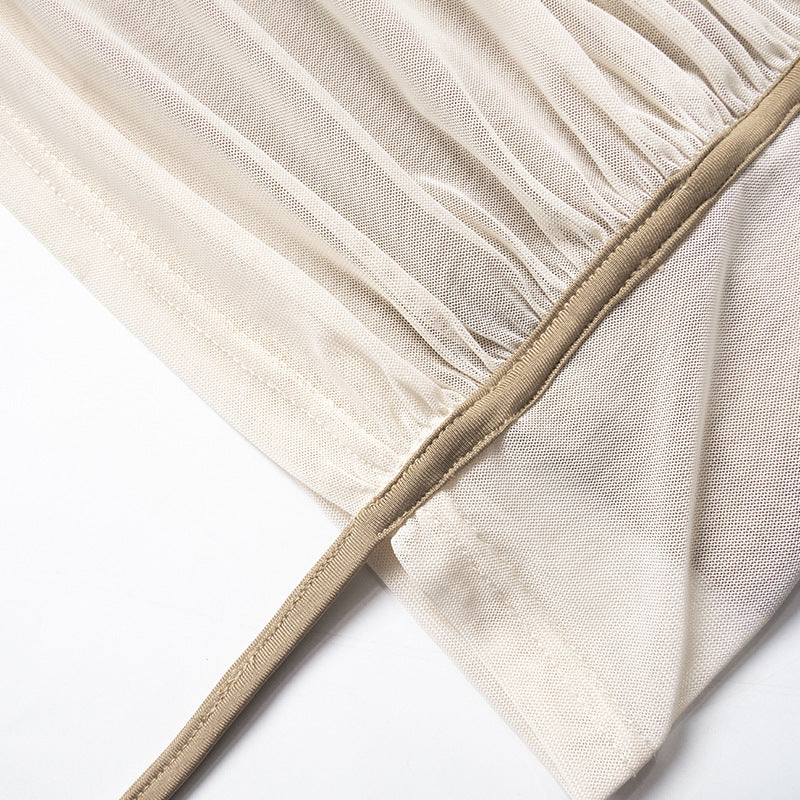 Summer Women's Diagonal Collar Long Sleeve High Waist Mesh Dress