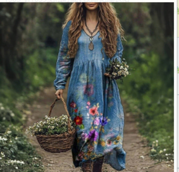 3D Printed Women's Long Sleeve V-neck Dress