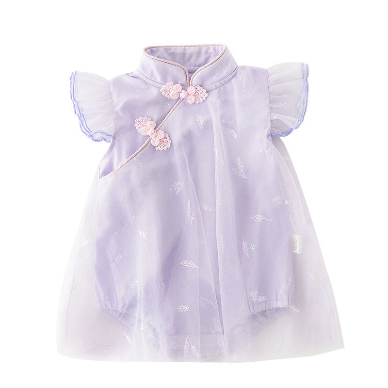 Baby Girl's Antique Style Buckle Mesh Feather Triangle Rompers Infant Onesie Dress