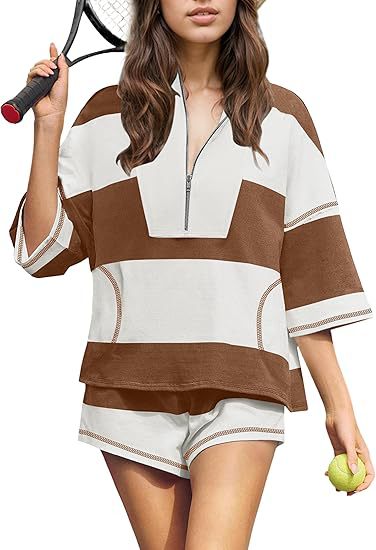 Women's Striped Half Sleeve Oversized Lining Shorts Casual Sportswear Two-piece Set