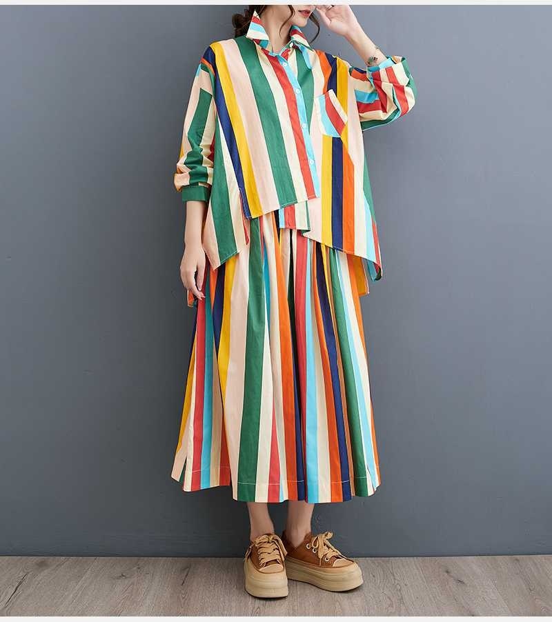Loose Artistic Color Stripes Irregular Shirt Big Hem Skirt Two-piece Set