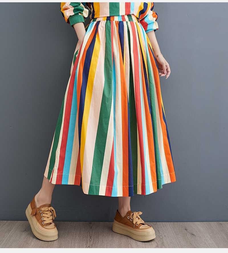 Loose Artistic Color Stripes Irregular Shirt Big Hem Skirt Two-piece Set