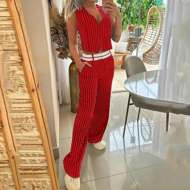 Leisure V-neck Sleeveless Striped Vest Straight Leg Pants Set