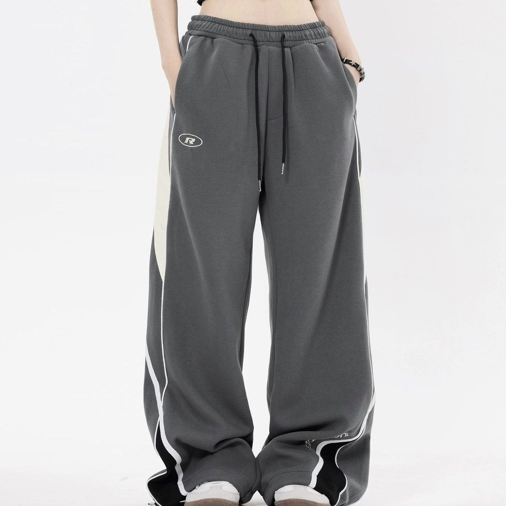Retro Sports Pants Female Contrast Color Striped Design Straight Wide Leg Pants Loose Casual