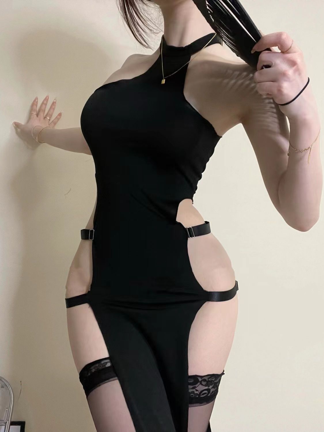 Solid Color Pullover Sleeveless Hollow-out Side Slit High Waist European And American Tight Dress