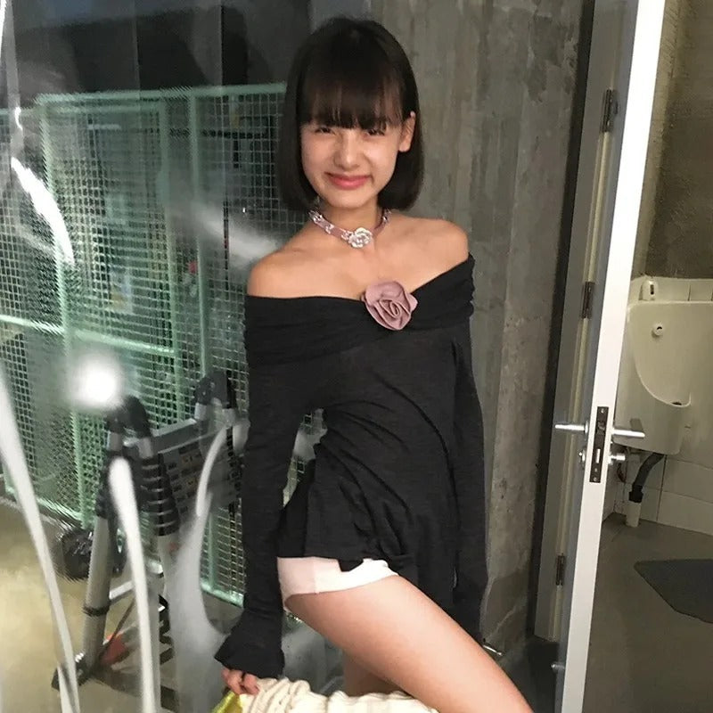 Off-neck Rose Decorative Flower Dress