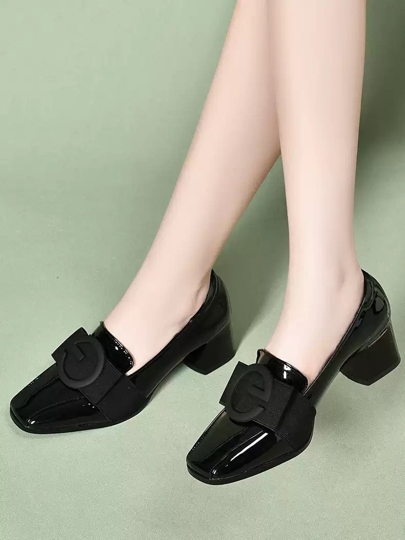Middle Heel Chunky Heel Soft Leather British Style Square Toe Leather Shoes