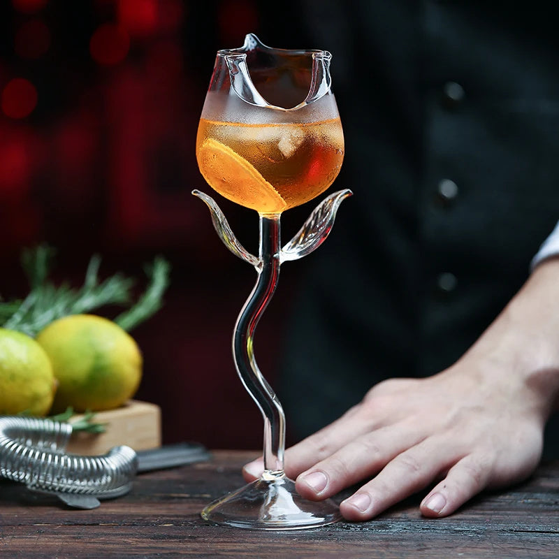 Romantic Rolled Edge Rose High Legged Glass Wine Glass