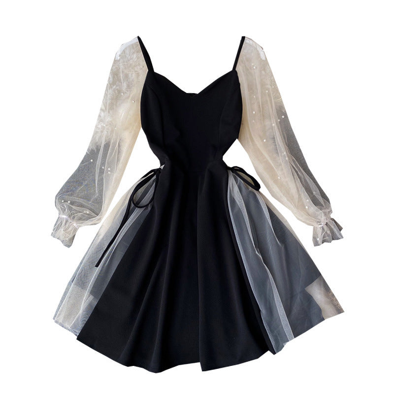 Puff Sleeve VNeck Low Cut Paneled Mesh Beaded ALine Skirt