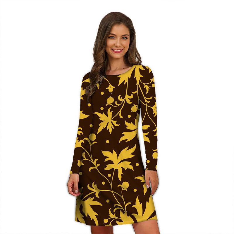 Round Neck Printed Temperament Slimming Small Long Sleeve Dress