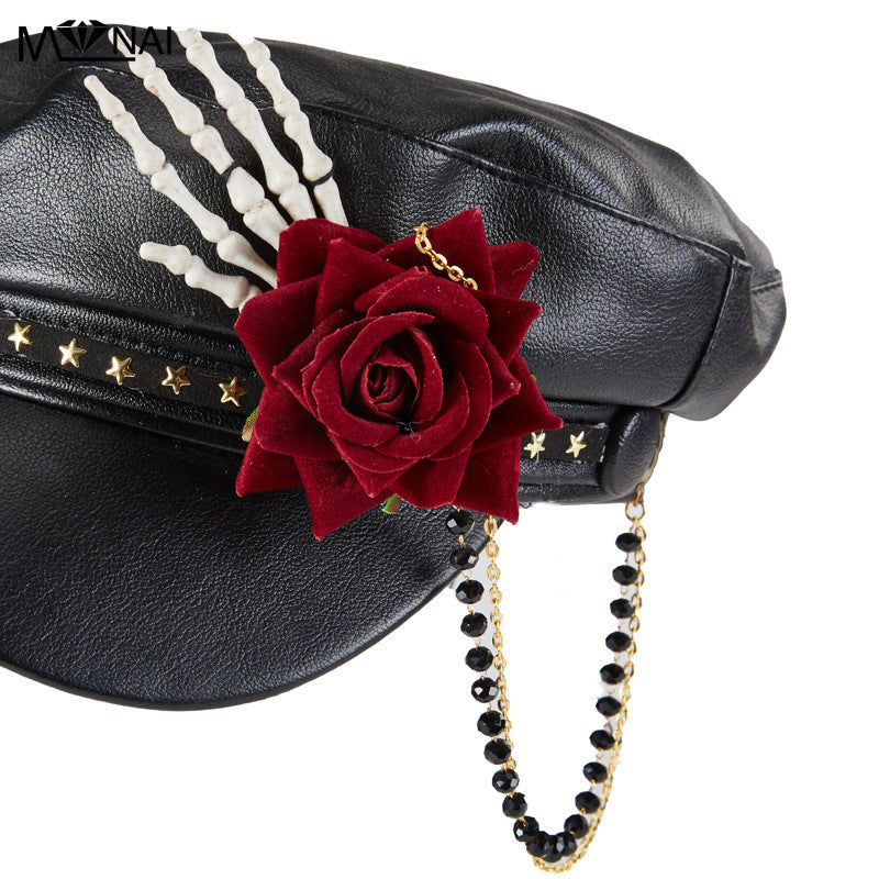 Steam Punk Goth Rose Bead Necklace Baseball Peaked Cap Skull Manual Alarm Bay Hat