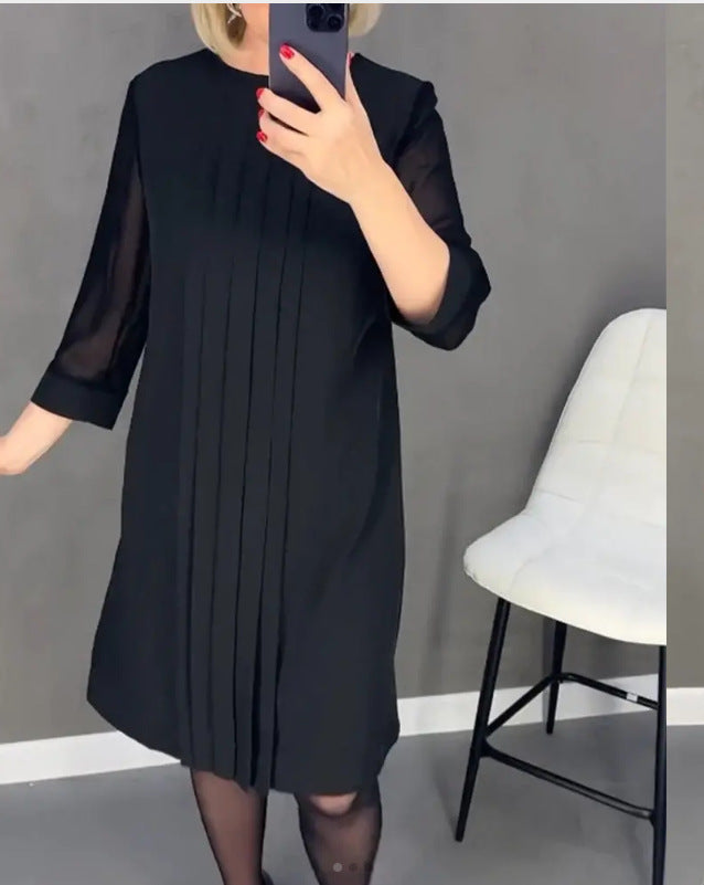Lace Sleeve Round Neck Pleated Long Sleeve Dress Women's Clothing