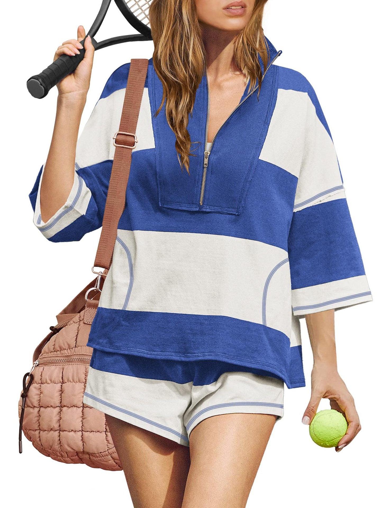 Women's Striped Half Sleeve Oversized Lining Shorts Casual Sportswear Two-piece Set