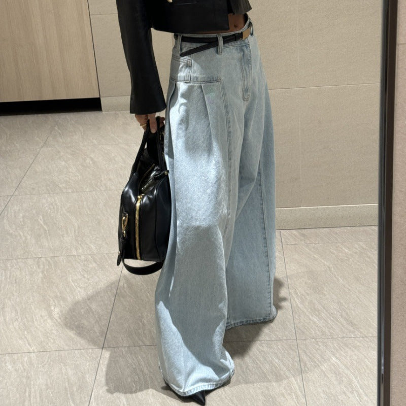 Women's Korean-style Temperament High Waist Pleated Stitching Wide-leg Jeans