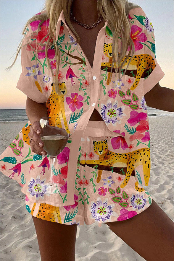 Women's Fashion Printed Casual Vacation Style Cardigan Shorts Suit