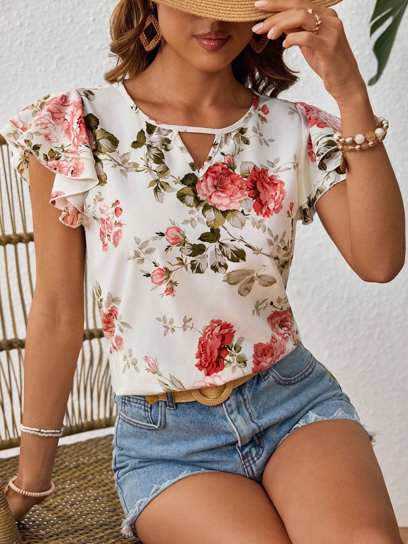 Floral Print Short Sleeve Shirt Summer Fashion Ruffled Tops Women's Clothing