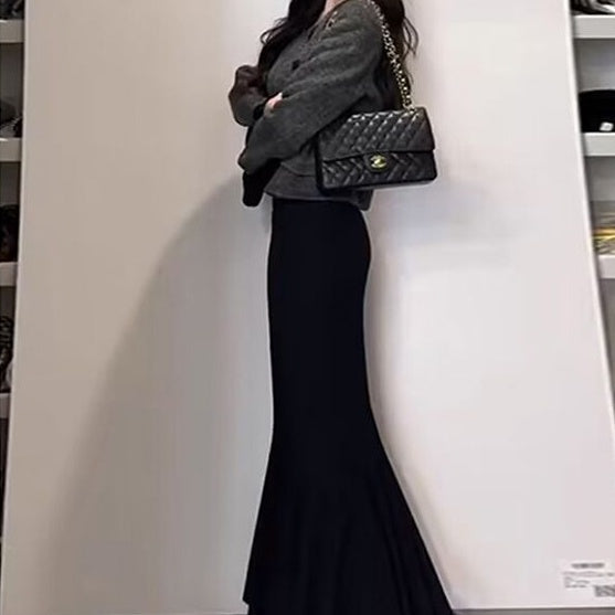 Step By Step Lotus Skirt Long Sleeve Fishtail Black Dress