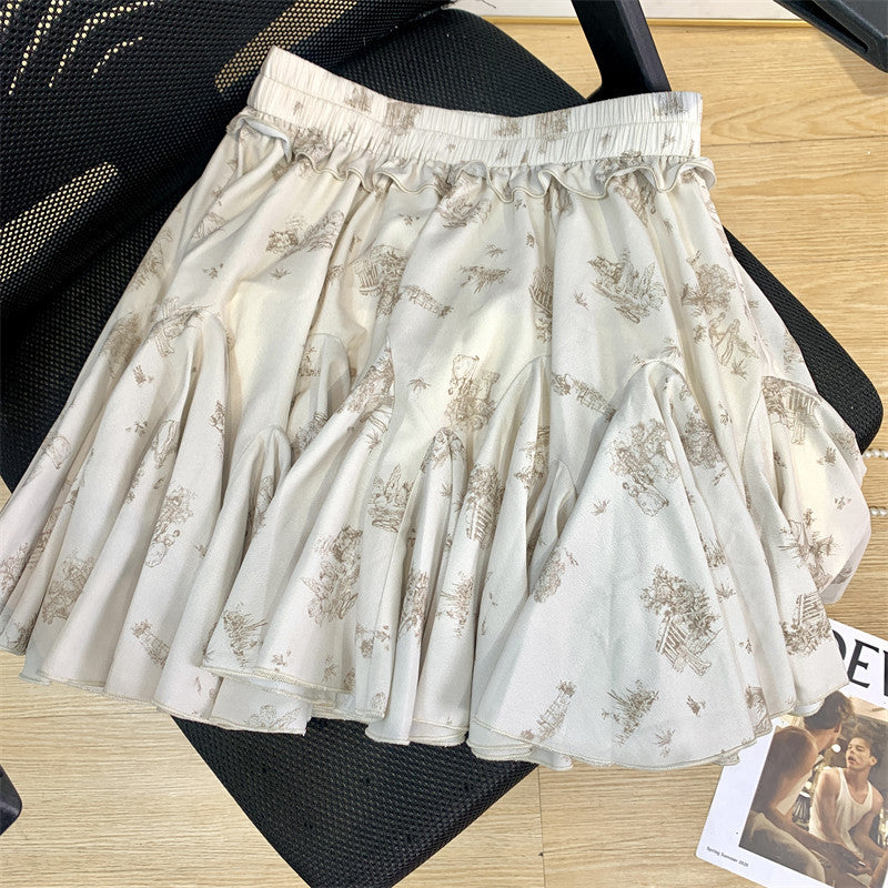 Printed Waist Lace One Word Collar Top Temperament