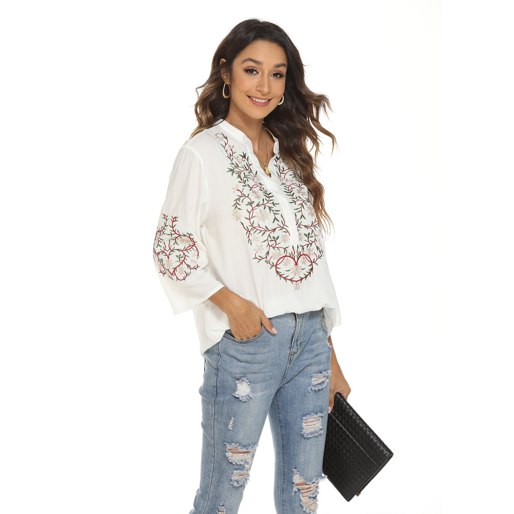 White Long Sleeved Embroidered Women's Top