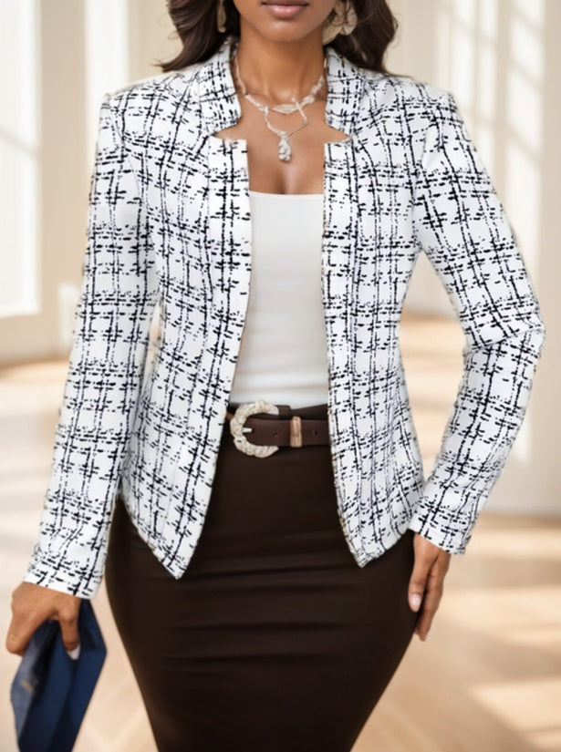Lady Women's Elegant Elegant Plaid Print Open Front Blazer Jacket