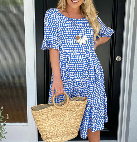 Summer Round Neck Printed Short Sleeve Dress