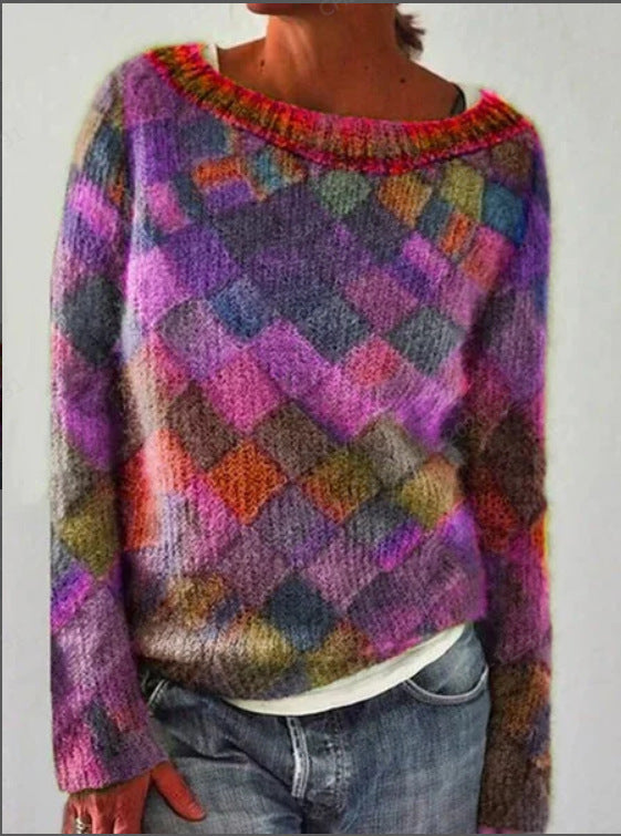 Printed Long Sleeve Collar Sweater Women's Polyester Multi-color Retro