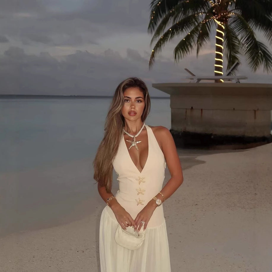 European And American Halter Lace-up Deep V Sexy Girdle Backless Dress