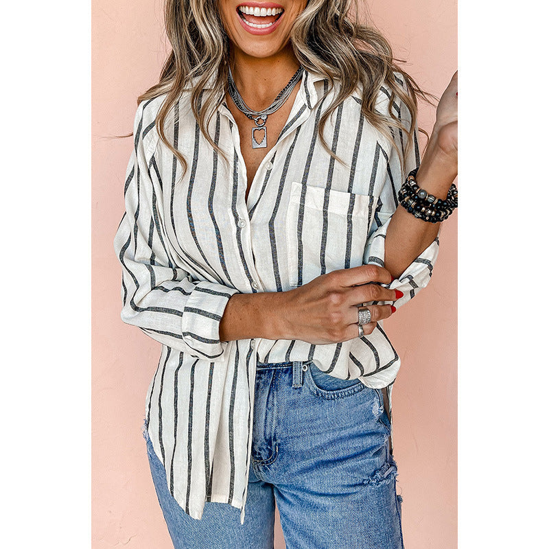 European And American Commuters' Polo Collar Stripes Shirt For Women