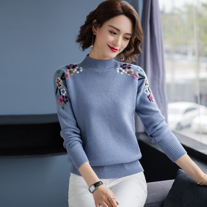 Knitted Pullover Sweater Female Loose Mock Neck