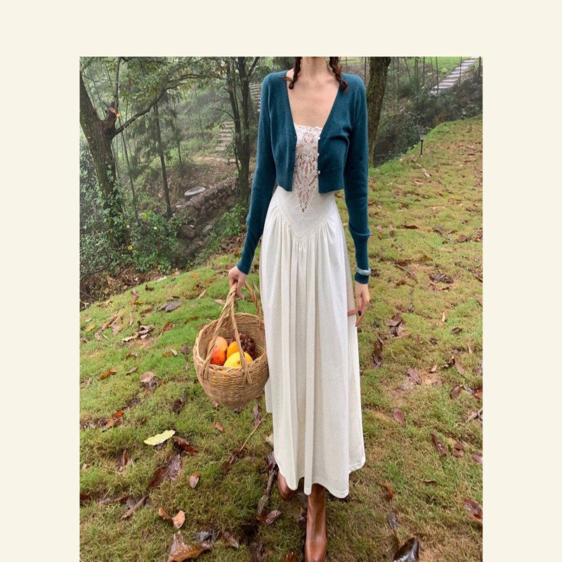 White Temperament Retro Velvet Lace Long Dress