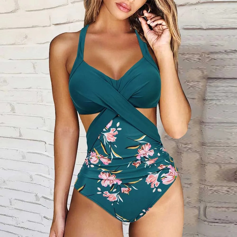 Color Matching Sexy Cutout Cross Swimsuit With Shoulder Straps Female