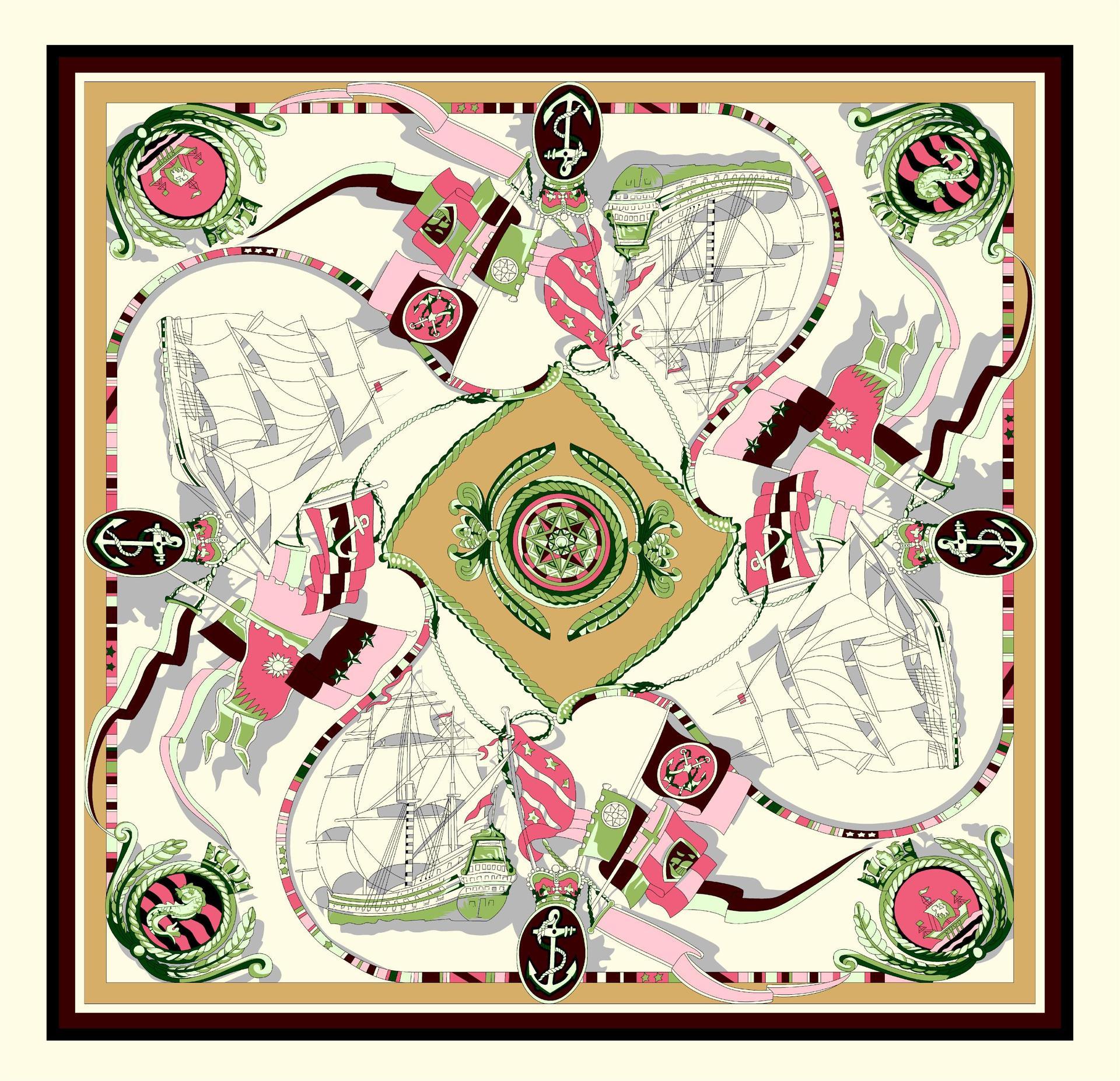 Sailing Print Emulation Silk Scarf Fashion Shawl