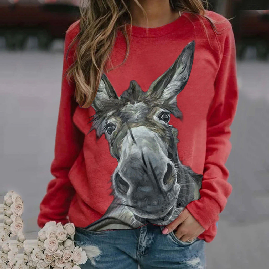Loose Round Neck Donkey Head Floral Print Long Sleeve Pullover