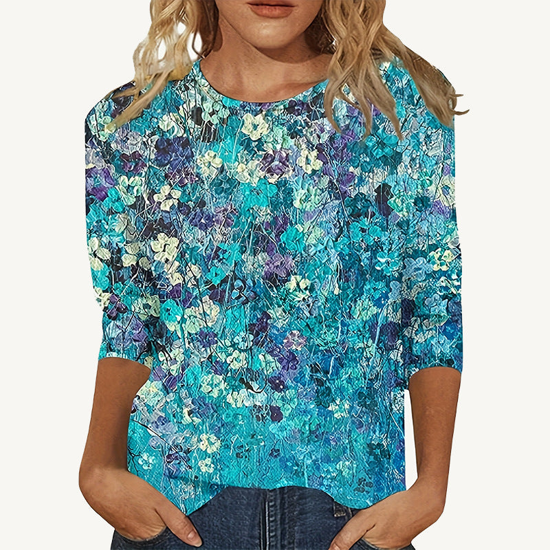 European And American Flower Plant Printed Round Neck Long Sleeve